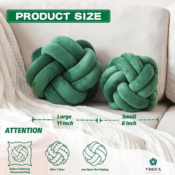 Knot Pillow Ball, Soft Decorative Throw Pillows Cushion, 11 Inch Round Plush Knotted Pillows Dark Green Pillow, Modern Home Throw Knot Decorative Cushion for Bedroom, Sofa, Couch
