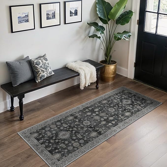 GENIMO Runner Rug for Hallways Machine Washable, 2'6''x6 Non Slip Boho Vintage Lightweight Washable Runners, Thin Floor Rugs for Entryway Hallway Bathroom Laundry Room Corridor, Charcoal