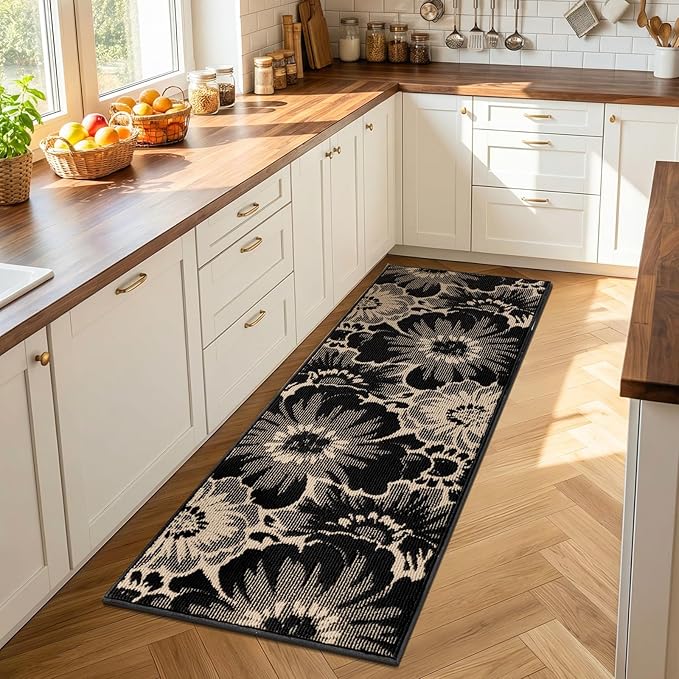 Findosom Hallway Runner Rug 2x6, Non Slip High-Low Textured Floral Washable Runner Rug with Rubber Backing, Boho Carpet Runner for Kitchen, Entryway, Bedroom, Laundry, Black & Beige