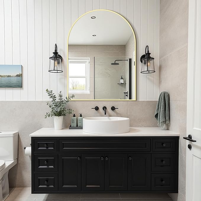 Vanity Bathroom Mirror for Wall, 40"x30" Arched Bathroom Mirror for Over Sink, Arched Metal Frame for Bedroom, Living Room, Entryway, Hanging or Leaning, Gold