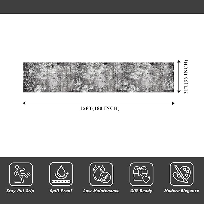3x15 Ft Long Hallway Runner Rug – Non-Slip Washable Kitchen Floor Rug with Rubber Backing, Modern Low Pile Thin Wide Carpet Runners for Bedroom, Entryway Indoor (Black Grey,3x15)
