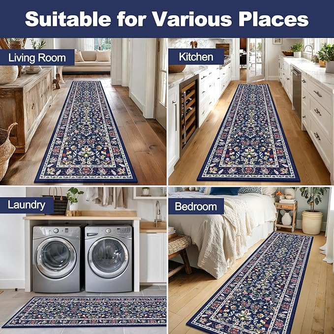 LOKHOM Washable Runner Rug, 2x8 Non-Slip Vintage Hallway Runner Rug with Rubber Backing, Boho Floral Soft Faux Wool Kitchen Rug Carpet Runner for Laundry Entryway Bedroom (Vibrant Blue)