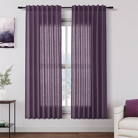 Plum Linen Curtains for Living Room 63 Inches Long 2 Panel Set Light Filtering Linen Drapes for Kitchen Windows Rod Pocket Back Tab Short See Through Curtain Country Farmhouse Decor 52x63