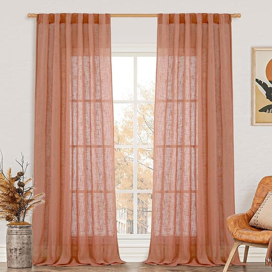 LAMIT Linen Semi Sheer Curtains 96 inches Long 2 Panels Set, Light Filtering Panels Back Tab and Rod Pocket Floor to Ceiling Curtains for Bedroom/Living Room, Terracotta, 52 x 96 Inch