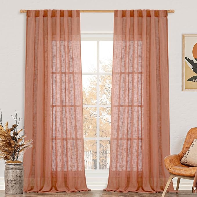 LAMIT Terracotta Linen Curtains for Living Room 108 inch Length 2 Panels, Light Filtering Semi Sheer Panels Back Tab and Rod Pocket Fall Panels for Bedroom/Sliding Glass Door, 52 x 108 Inch
