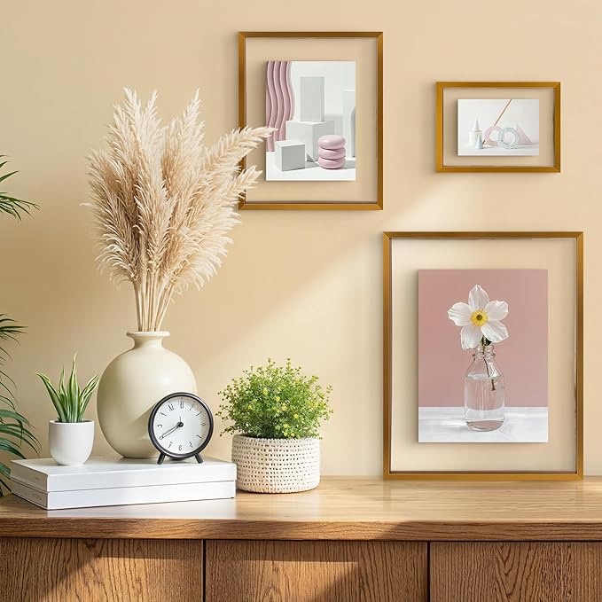 Frametory, Floating Picture Frames Set - Bronze Metal Photo Frames - Real Glass - Display One 11x14, Two 8x10, and Four 5x7 Inch Photos for Home Decoration