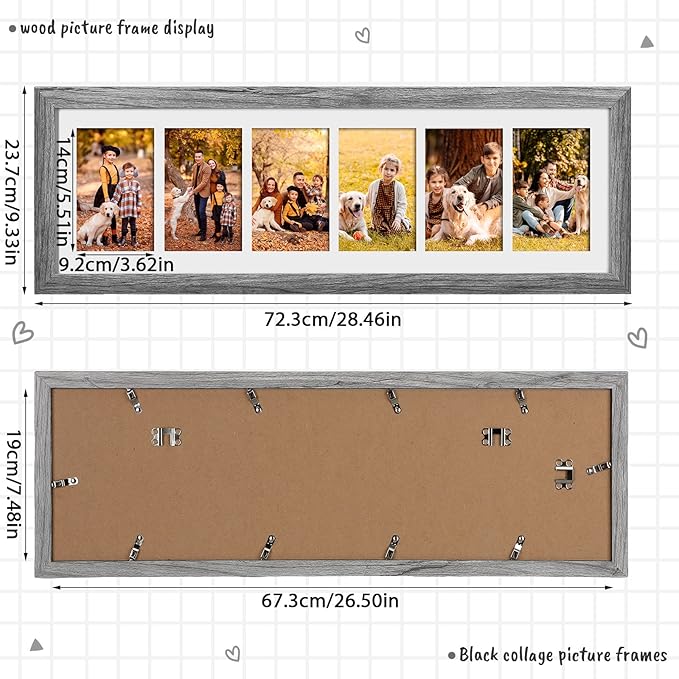 Chunful 2 Pcs 28.4 x 9.5 Inches Collage Picture Frames for Wall Multiple 4 x 6 Inch Wood Picture Frame Display 6 Opening Multi Photo Frame with Acrylic Screens Horizontal and Vertical(Gray)