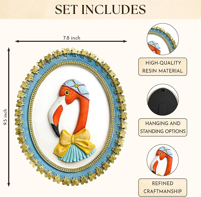 97 Decor Flamingo Wall Sculptures Home Decor - Oval Frame Vintage Animal Wall Art, Trendy Flamingo Decor For Bedroom Dorm, Cute Girl Room Decorations