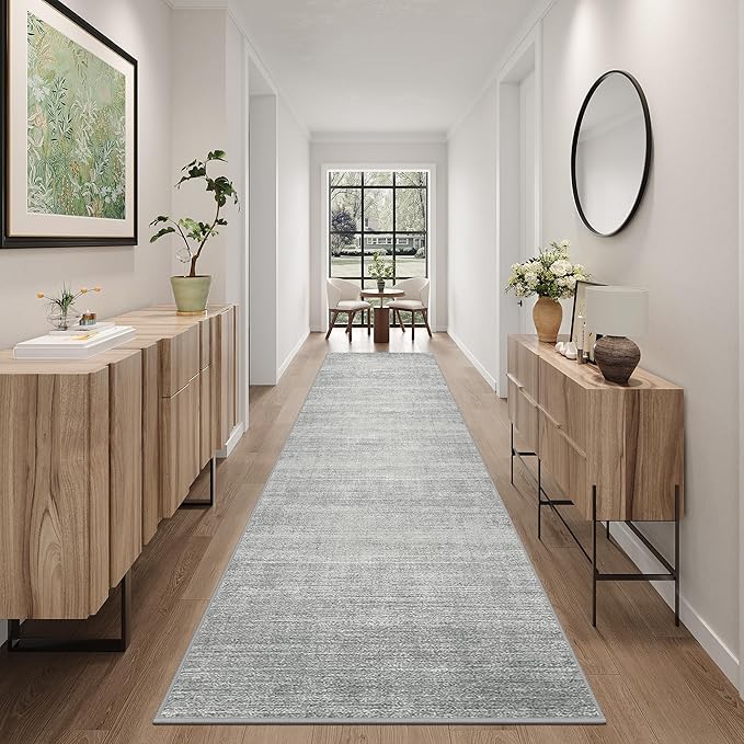 Art&Tuft Non-Slip Runner Rug - 2'6"x16' Runner Rug Washable Low-Pile Rugs Runners, Soft Distressed Carpet Runner for Bedroom Bathroom Kitchen Laundry Living Room, Grey