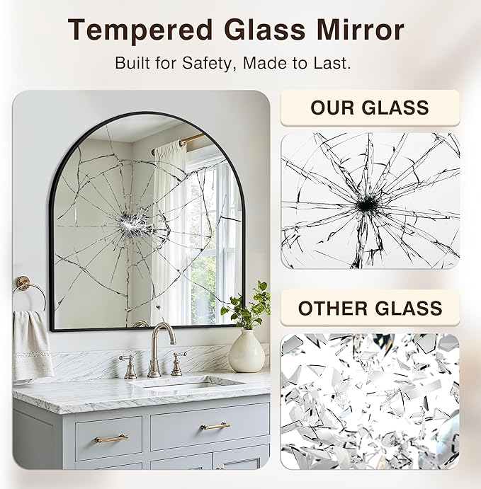 Vanity Bathroom Mirror for Wall, 32”x30” Arched Bathroom Mirror for Over Sink, Arched Metal Frame for Bedroom, Living Room, Entryway, Hanging or Leaning, Black