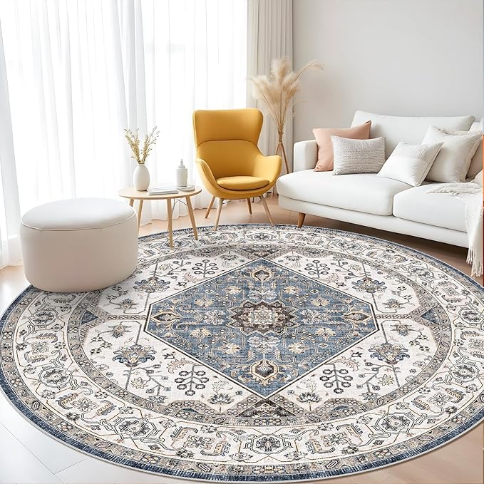 Living Room 6round Area Rugs - Boho Rugs for Living Room Stain Resistant Carpet for Bedroom Kitchen Bathroom with Non Slip Backing Home Decor Floor Decoration Mat 6ft Navy