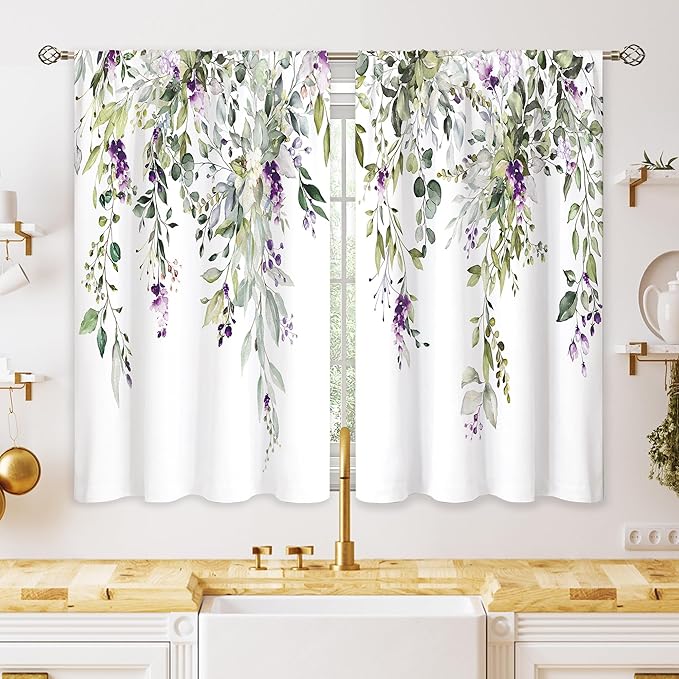 Eucalyptus Botanical Leaves Purple Floral Kitchen Window Curtains Flower Plant Leaf Small Window Treatment Sage Green Cafe Short Curtains for Bathroom Treatment Tier Drapes 26x36 inch
