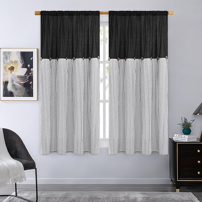 ASPMIZ Cotton Linen Farmhouse Living Room Curtains Boho Rustic Window Curtain Panels, Black with Grey Stripe Country Curtains for Bedroom, Back Tab Modern Drapes for Windows 52 x 63 Inch, 2 Panels