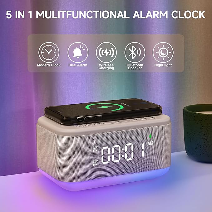 Alarm Clock Speaker Wireless Charger, Digital Alarm Clocks Bedrooms Bluetooth, Alarm Clock Dimmable Light Bedrooms Dual Alarm Snooze Dimmer 12 24H RGB Night Light Bluetooth USB AUX, White - Image 2