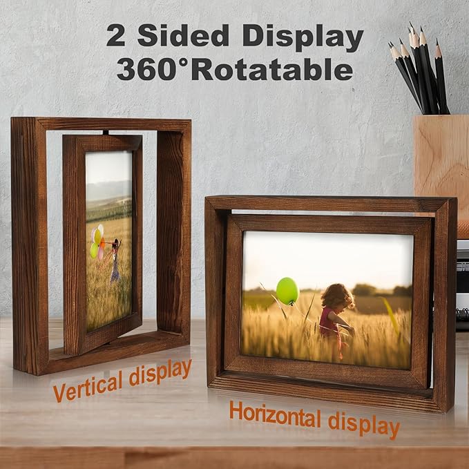 Egofine 2 Pack 6x8 Rotating Floating Picture Frames,Double-Sided Display with HD Glass Front Wooden Distressed Frame for Vertical or Horizontal Tabletop Display, Carbonization