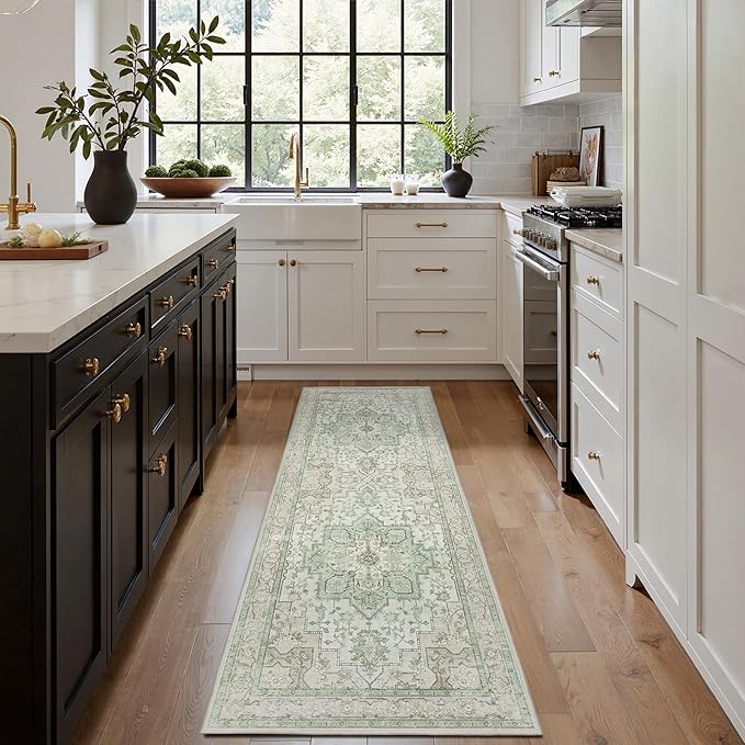 GENIMO Runner Rug for Hallways Machine Washable, 2'6''x10 Non Slip Boho Vintage Lightweight Washable Runners, Thin Floor Rugs for Entryway Hallway Bathroom Laundry Room Corridor, Oat Light