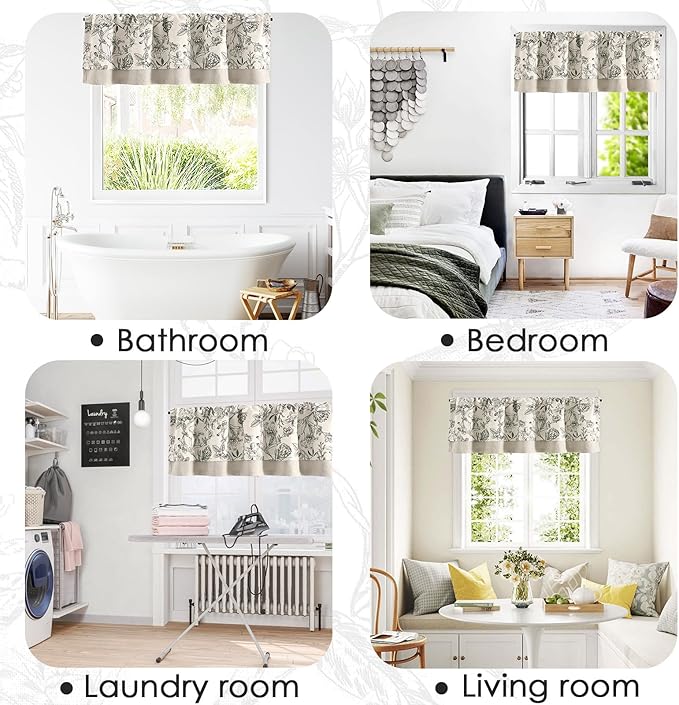 jinchan Linen Floral Valance for Windows Blackout Double Layer Valance Curtain 16 Inch Length for Living Room Bathroom Overlay Botanic Farmhouse Room Darkening 1 Panel Black on Beige