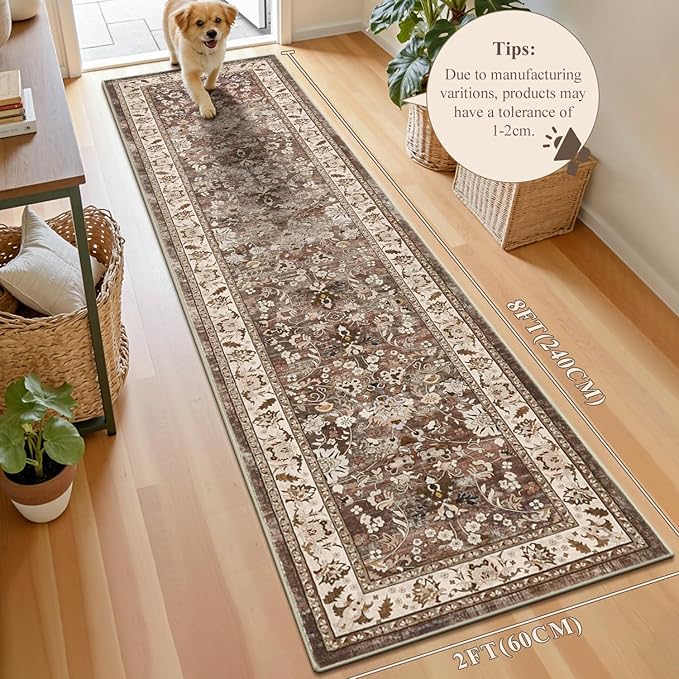 LOKHOM Washable Runner Rug, 2x8 Non Slip Vintage Hallway Runner Rug with Rubber Backing, Boho Floral Soft Faux Wool Kitchen Rug Carpet Runner for Kitchen Laundry Entryway Bedroom (Dark Brown)