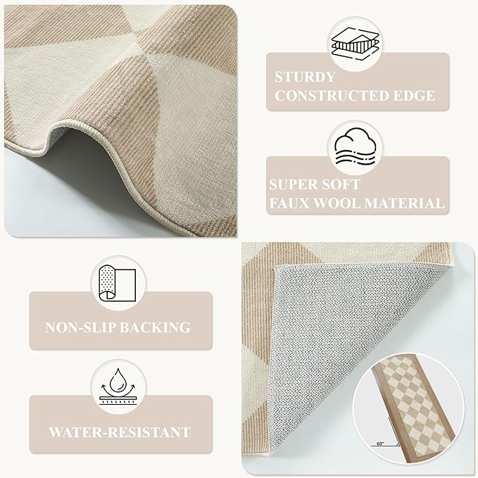 Beeiva Checkered Print Washable Runners for Hallways 2x4, Ultra Thin Beige Small Rugs for Entryway Low Pile Non Slip Bathroom Rug, Modern Geometric Decor Neutral Throw Rug for Kitchen Laundry Bedroom