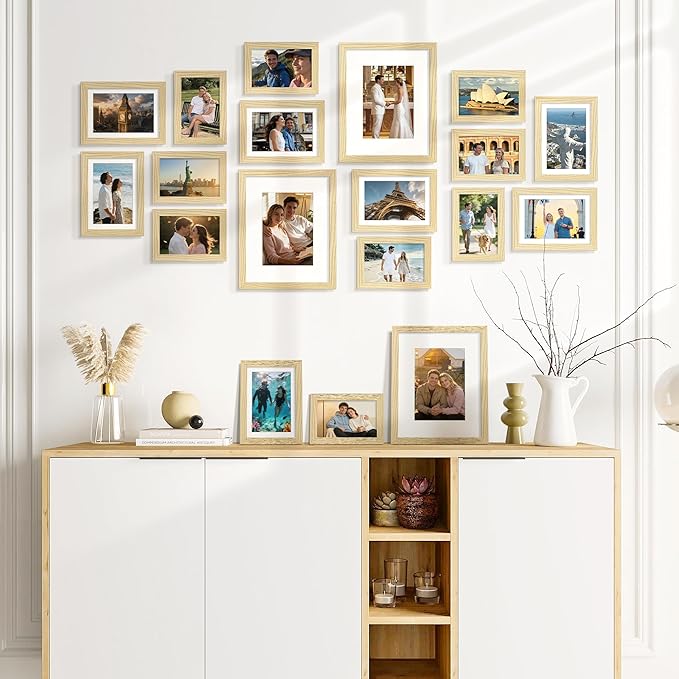 upsimples 19 Pack Picture Frames Collage Wall Decor for Mounting or Tabletop Display, Photo Gallery Frame Set for Family, Multi Sizes Including 8x10, 5x7, 4x6, Natural