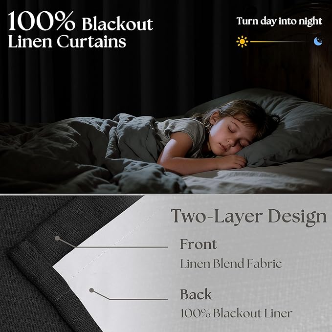 Black Linen Blackout Pleated Curtains 90 Inches Long for Living Room Darkening Pinch Pleat 100% Black Out Drapes Thermal Insulated Soundproof Midnight Black 90 Inch Curtain Panel for Dining Bedroom