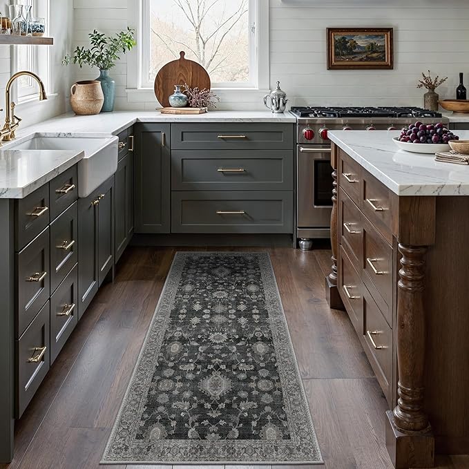 GENIMO Runner Rug for Hallways Machine Washable, 2'6''x10 Non Slip Boho Vintage Lightweight Washable Runners, Thin Floor Rugs for Entryway Hallway Bathroom Laundry Room Corridor, Charcoal