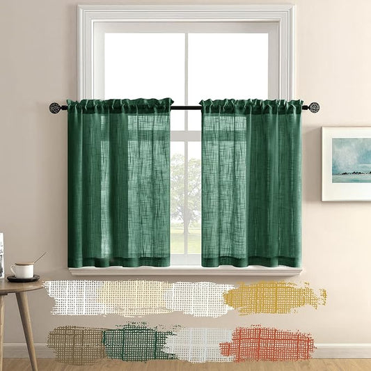 Sheer Green Curtains for Bedroom 2 Panels Rod Pocket Linen Small Window Tier Cafe Curtain Semi Privacy Short Dark Forest Green Curtains for Kitchen Bathroom Coverings 30 Inch Length Hunter Emerald
