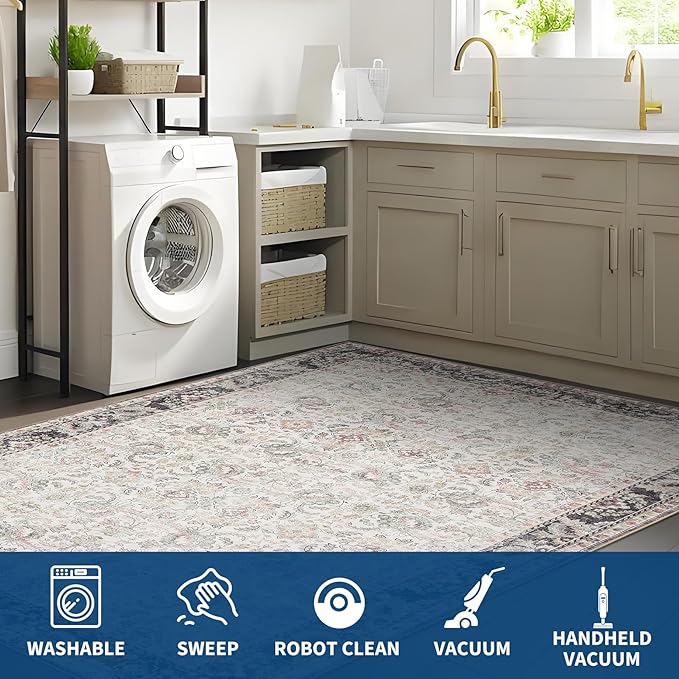 GarveeHome Washable Rugs 5x7 Vintage Floral Area Rugs for Living Room Bedroom, Ultra Soft Retro Accent Carpet, Non Slip Low Pile Floor Mats for Dining Room, Home Office Decor, Beige