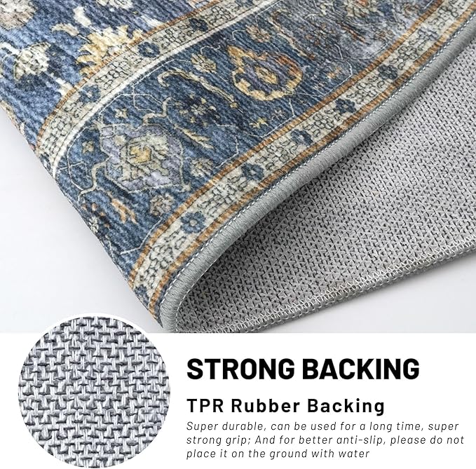 KUTA Vintage Long Runners for Hallways, 2.6x12 Blue Grey Beige Washable Non-Slip Kitchen Rugs Ultra Thin Soft Printed Distressed Oriental Floral Floor Carpet for Laundry Bedroom Living Room Nursery