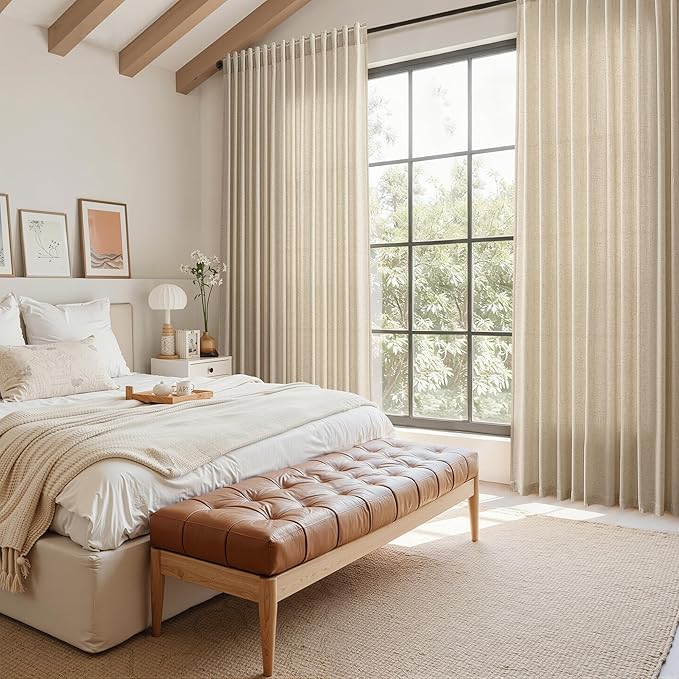Taupe Burlywood Linen 112 Inch Curtains for Living Room Light Filtering Semi Sheer Curtain Back Tab Rustic Modern Farmhouse Decor Drapes Floor to Ceiling High Window for Bedroom 52x112, 2 Panels