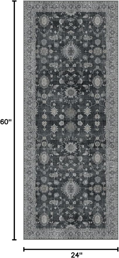 GENIMO Runner Rug for Hallways Machine Washable, 2x5 Non Slip Boho Vintage Lightweight Washable Runners, Thin Floor Rugs for Entryway Hallway Bathroom Laundry Room Corridor, Charcoal