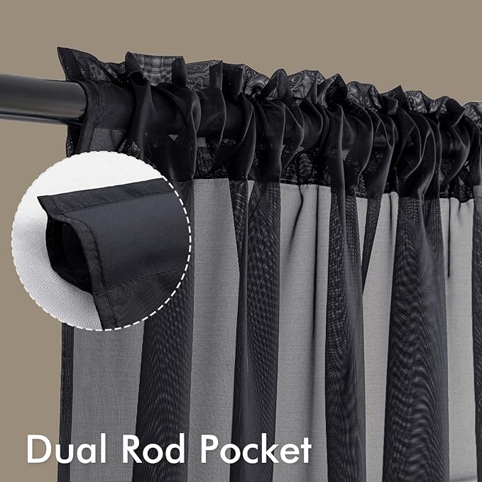 MIULEE Black Sheer Curtains 72 Inches Long, 4 Panels Set, Light Filtering Halloween Rod Pocket Voile Drapes for Living Room and Bedroom, Airy Soft Fabric Window Treatments, 54 x 72 Inches