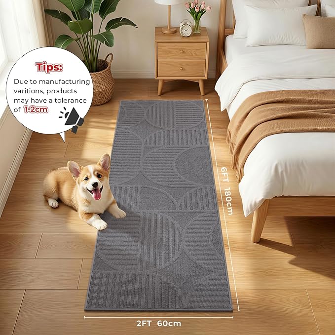 Findosom Washable Runner Rug 2x6, Geometric High-Low Textured Non Slip Hallway Runner Rug with Rubber Backing, Boho Carpet Runner for Kitchen, Bedroom, Laundry, Entryway, Bathroom, Gray