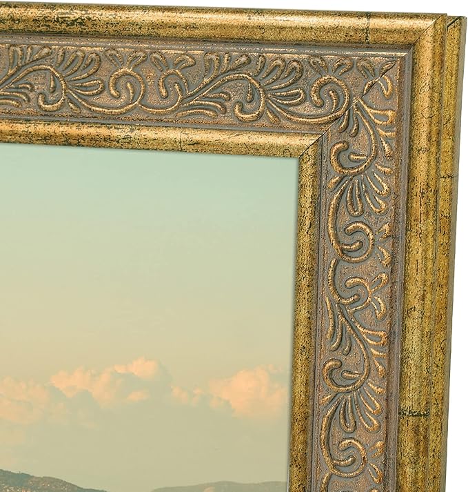 Golden State Art, 8X10 Ornate Finish Photo Frame, Distressed Gold Color, Real Glass