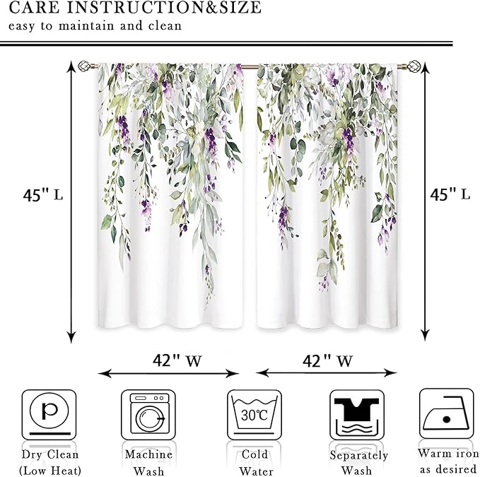 Purple Flower Sage Eucalyptus Botanical Leaves Floral Window Curtains Farmhouse Leaf Rod Pocket Sage Green Curtain Drapes Curtains for Bedroom Living Room Treatment 2 Panels 42Wx45H Inch