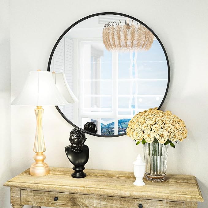 HARRITPURE Round Mirror 15.7" Black Wall Mounted Circle Mirror with Aluminum Alloy Frame Modern Design for Bathroom, Living Room, Vanity, Bedroom, Entryway