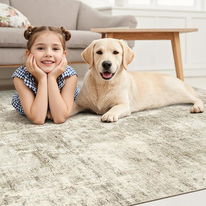 Soalmost 9x12 Area Rug for Living Room, Abstract Non Slip Machine Washable Vintage Carpets, Low Pile Lightweight Large Rug for Bedroom, Dining Room, Home Office Beige Gray