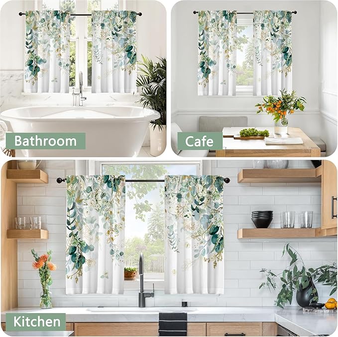 Green Eucalyptus Leaves Kitchen Curtains Elegant Wild Flower Curtains 39 Inches Sage Green Cafe Small Drapes White Floral Curtain for Bathroom RV Camper Light Filtering Rod Pocket 2 Panels