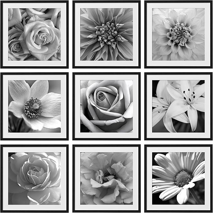 eletecpro 24x24 Picture Frames Set of 9, Classic Gallery Wall Frame Set for 20x20 Photos with Mat or 24x24 without Mat, Storyline Picture Frame for Art Prints, Black Poster Frames for Home Decor Wall