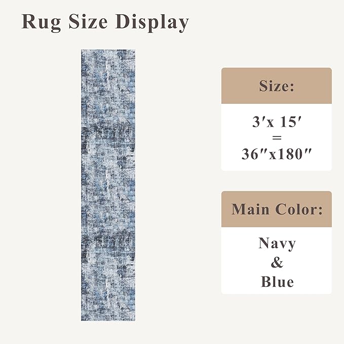 3x15 Ft Long Hallway Runner Rug - Non-Slip Washable Kitchen Runner Rug with Rubber Backing | Modern Abstract Wide Floor Carpet Runner for Indoor Entryway, Bedroom, Living Room（Blue）
