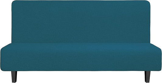Easy-Going Stretch Futon Slipcover Armless Futon Bed Cover Furniture Protector Without Armrests with Elastic Bottom for Kids, Soft Jacquard Fabric Small Checks (Large, Peacock Blue)