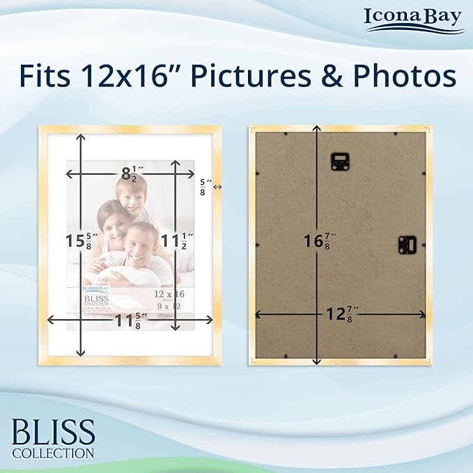 Icona Bay - 12x16 Gold Picture Frame with Removable Mat to 9x12 Photo - Modern Style Engineered Wood Poster Frame - Wall Mount Only - Bliss Collection