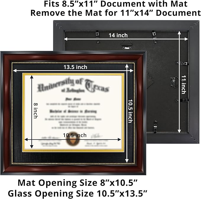 GraduationMall 8.5x11 Diploma Frame with Black over Gold Mat or Display 11x14 Document without Mat, UV Protection Acrylic, Mahogany with Gold Beads, Set of 3