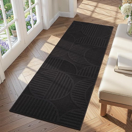 Findosom Washable Runner Rug 2x6, Geometric High-Low Textured Non Slip Hallway Runner Rug with Rubber Backing, Boho Carpet Runner for Kitchen, Bedroom, Laundry, Entryway, Bathroom, Black