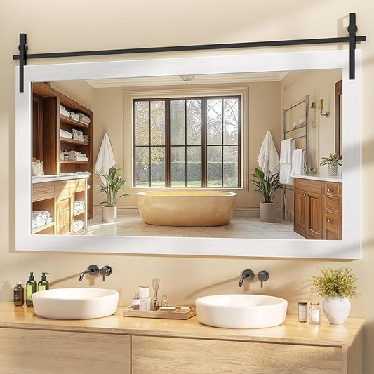 Hasipu Farmhouse Bathroom Mirror, 60"x30" Rustic Wood Framed Wall Mounted Mirror, White Vintage Vanity Mirror Barn Door Style Decrative Mirrors