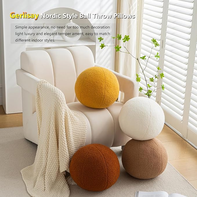11.8 inch Ball Pillow Nordic Round Throw Pillows Boucle Ball Pillow Sphere Shaped Pillow Round Decorative Pillow for Couch, Sofa, Bedroom (Cream White, 11.8 inch)