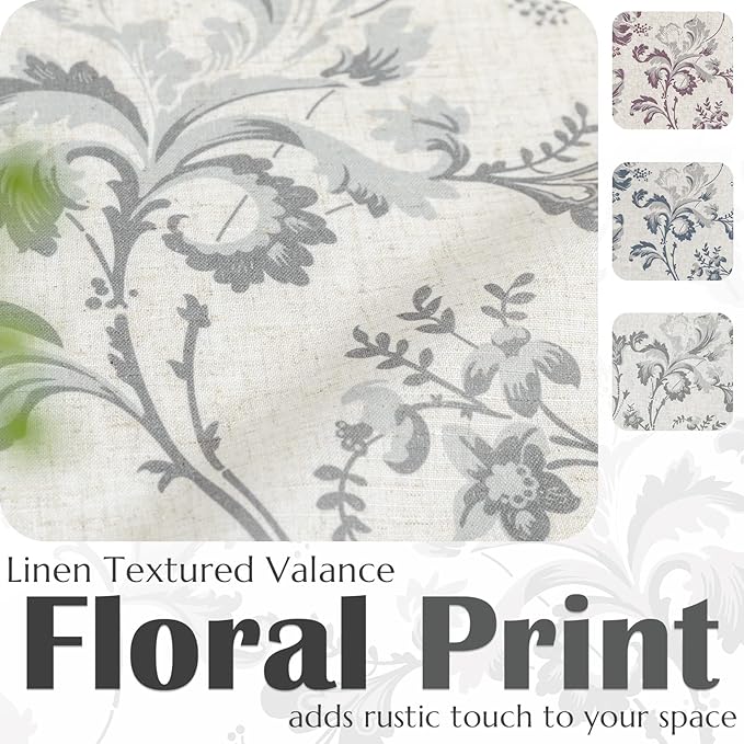 jinchan Linen Valance Curtain Farmhouse Window Decor Gray Floral Print for Kitchen Living Room Double Layer Blackout Valance 18 Inches Rustic Window Treatment 1 Panel Rod Pocket Grey on Beige