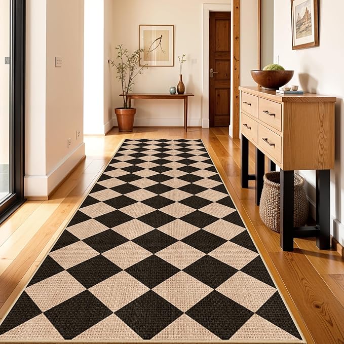 3x10 Runner Rug for Hallways: Washable Non Slip Kitchen Extra Long Jute Runners - Carpet Bathroom Office Laundry Dining Living Room - Durable Floor Mat Boho Farmhouse Decor (Black/Brown,3x10)