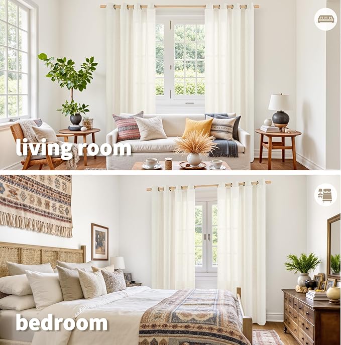 YoungsTex Ivory Linen Curtains 84 Inch Length for Living Room, Rusitc Semi Sheer Drapes with Bronze Grommet Privacy Light Filtering for Bedroom Farmhouse Decorative, 52 x 84 Inch, 2 Panels