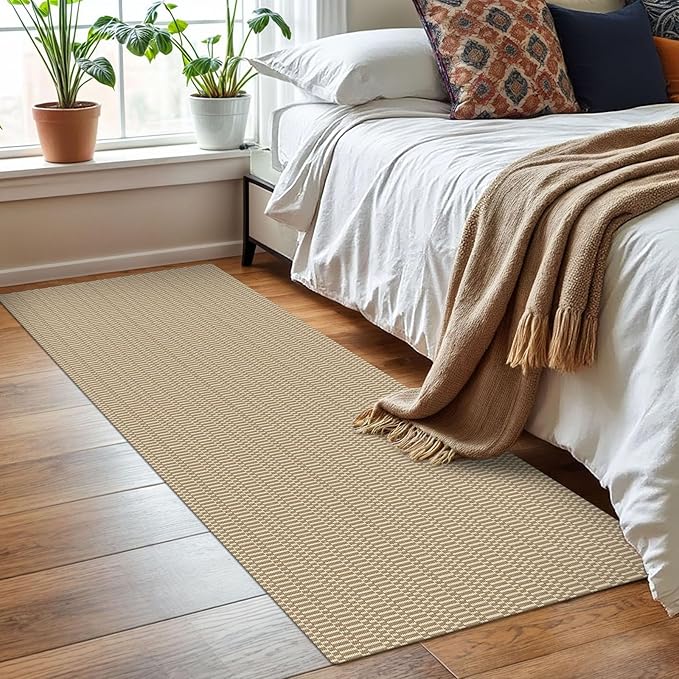 KOZYFLY Washable Runner Rug 2x6 Ft Runners for Hallways Non Slip Kitchen Runners Braided Cotton Entryway Runner Indoor, Carpet for Hallway Kitchen Entryway Bedroom, Sand/Ivory